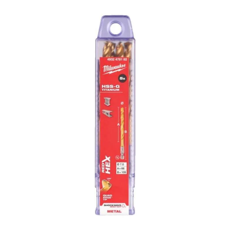 Сверло по металлу Milwaukee RedHEX HSS-TiN 7мм 5шт (4932478182)