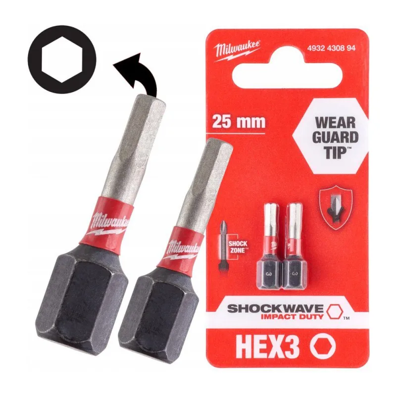 Бита Milwaukee Shockwave Hex3 25 мм 2шт (4932430894)
