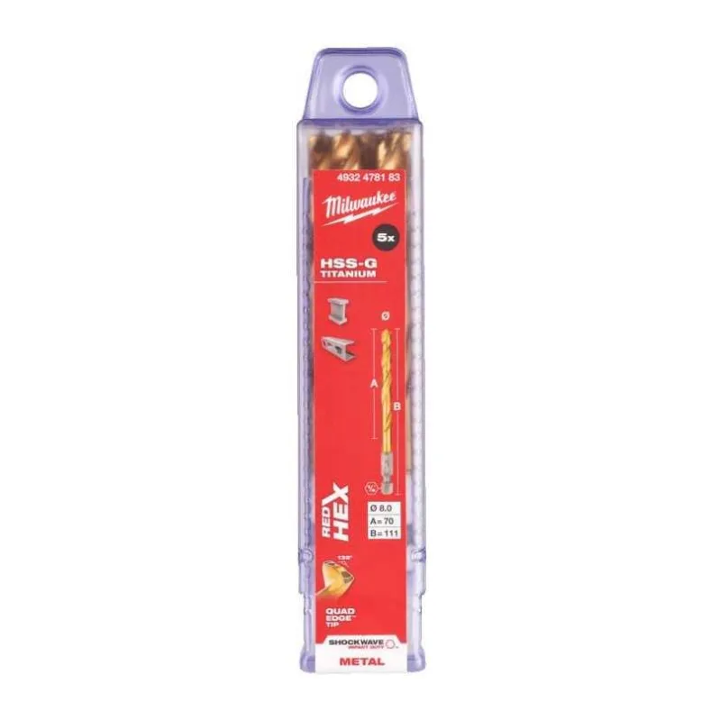 Сверло по металлу Milwaukee RedHEX HSS-TiN 8мм 5шт (4932478183)