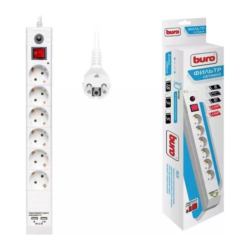 Сетевой фильтр Buro BU-SP3-USB-2A-W белый