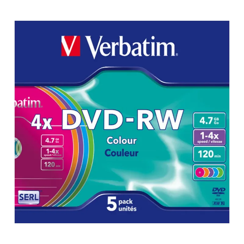 DVD-RW диск Verbatim 4.7GB 4x Colour 5шт (43563)