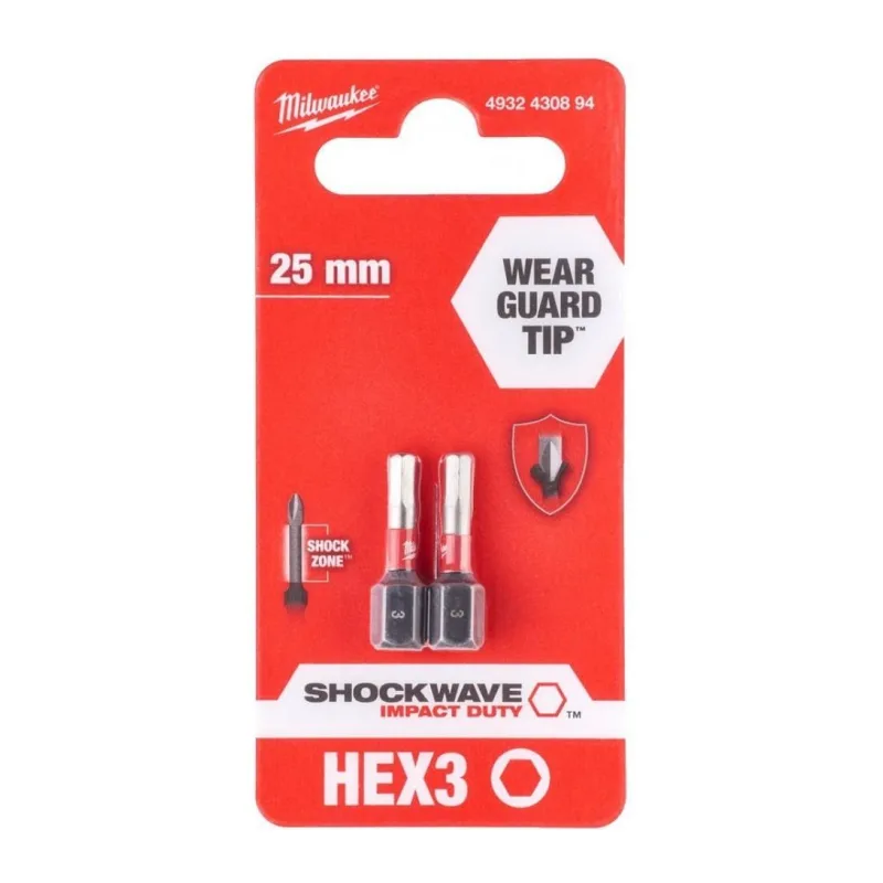 Бита Milwaukee Shockwave Hex3 25 мм 2шт (4932430894)