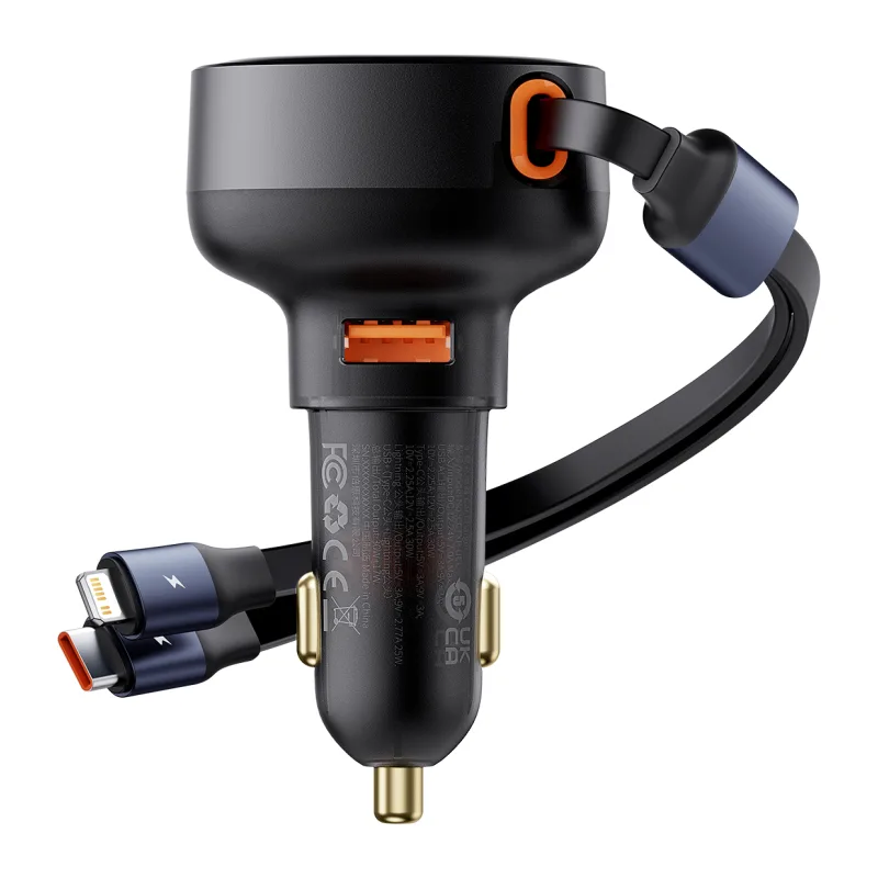 Автомобильное зарядное Baseus Enjoyment Pro U+Retractable C 60W Cluster Black (C00057802111-02)