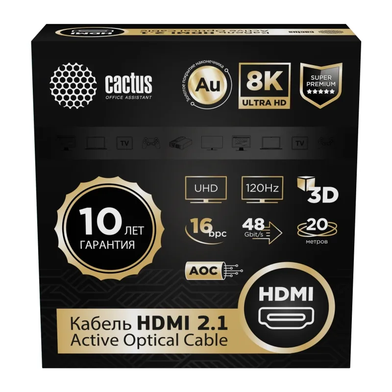 Кабель аудио-видео Cactus CS-HDMI-AOC-2.1-20 черный