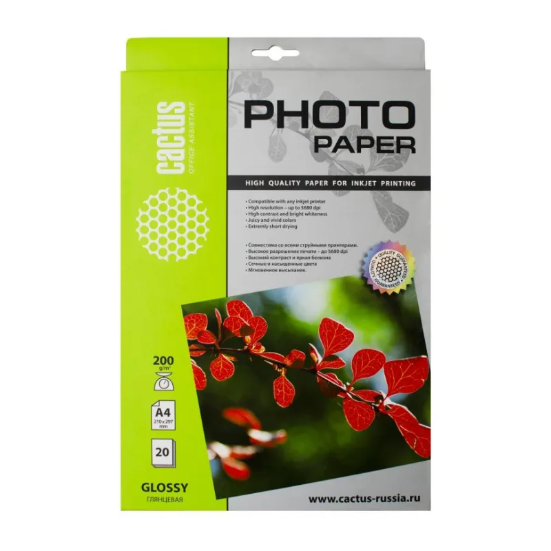 Фотобумага Cactus Глянцевая А4 200 г/м2 20 листов CS-GA420020