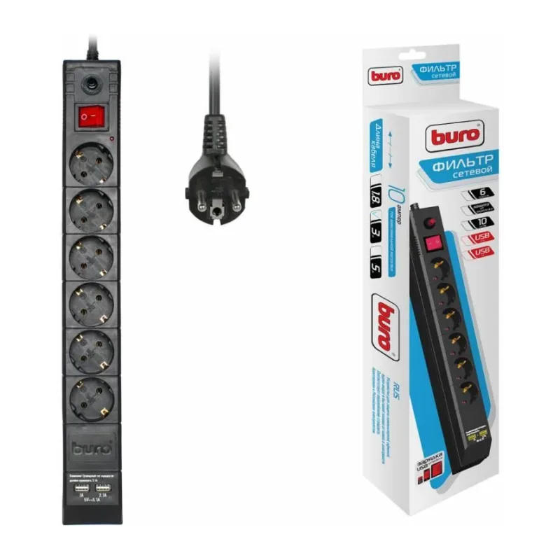 Сетевой фильтр Buro BU-SP3_USB_2A-B черный